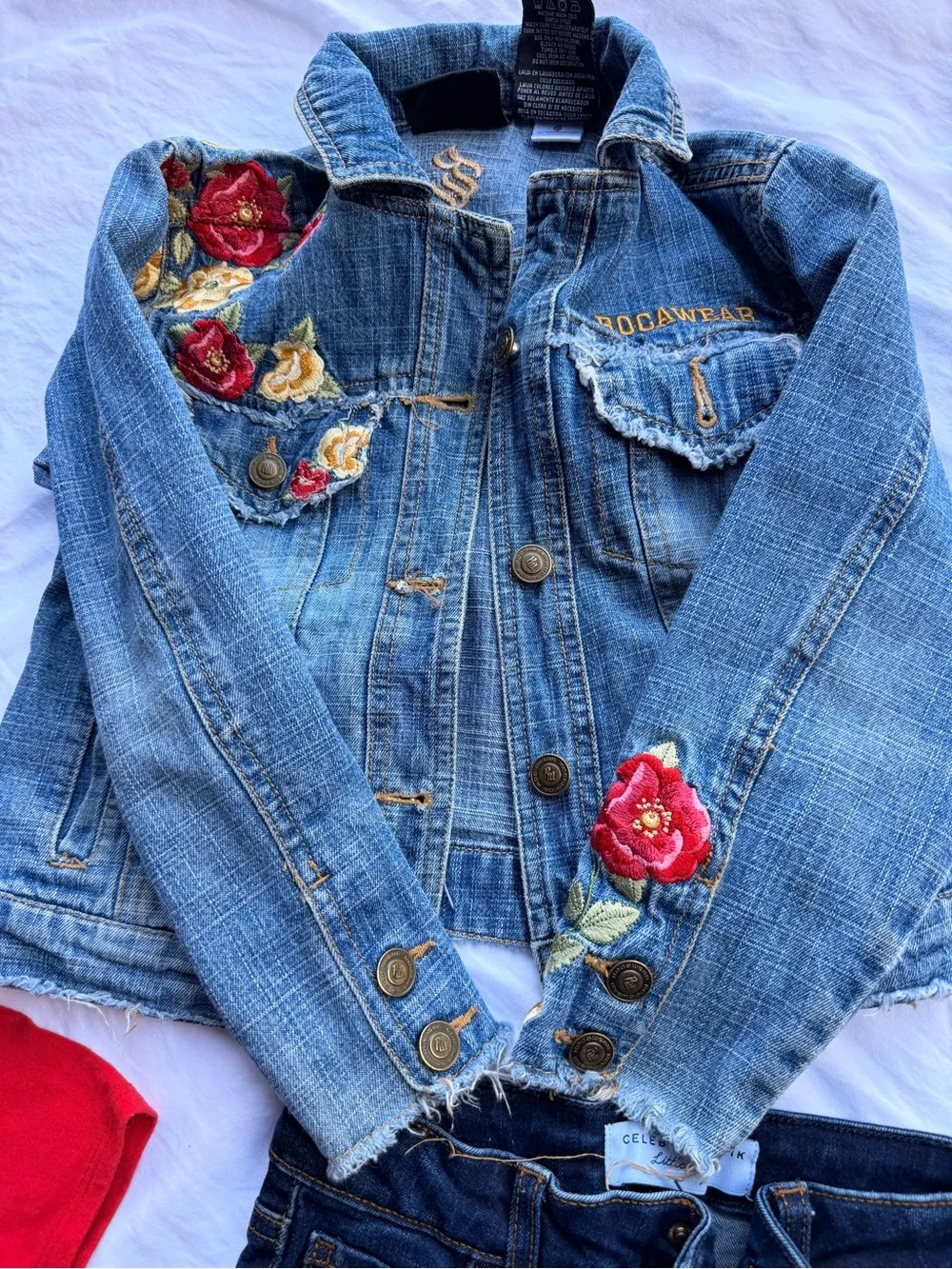 Celebrity Pink Blue Denim Jacket with Red & Yellow Floral Embroidery